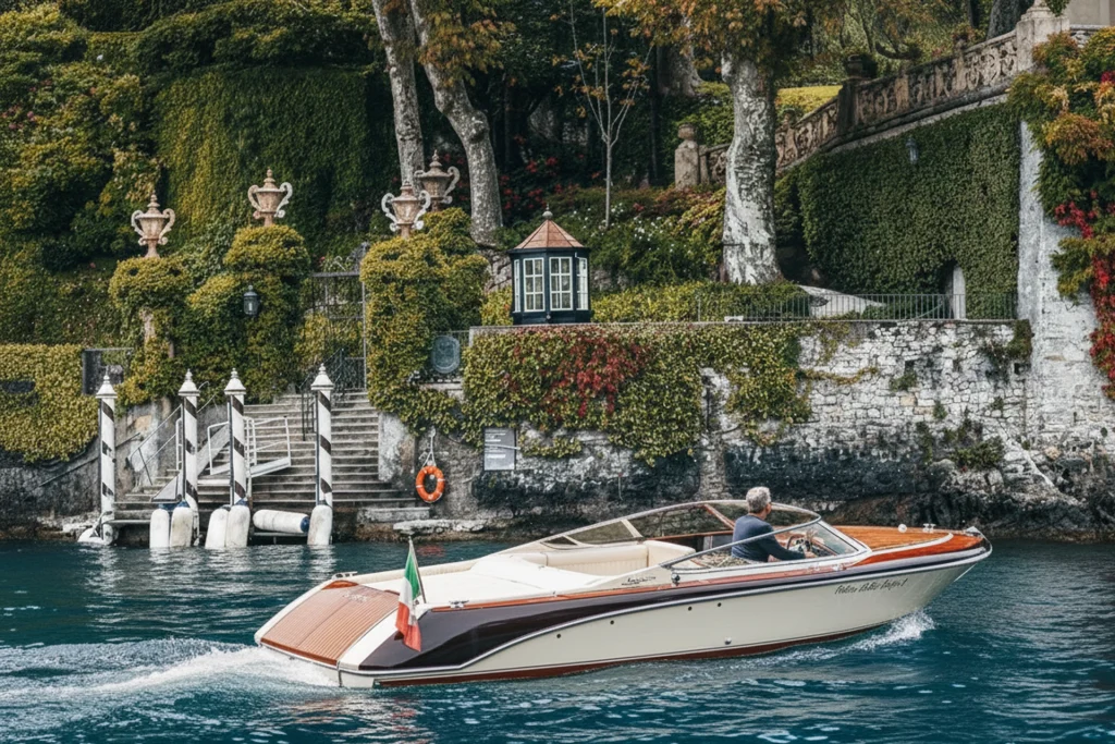 Classic boat passing in front of Villa Balbianello during a full-day tour on Lake Como