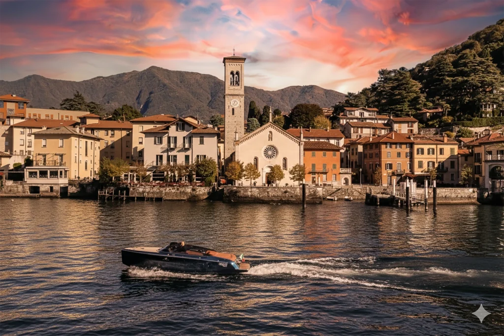 Cranchi E26 in front of Torno during a sunset boat cruise on Lake Como