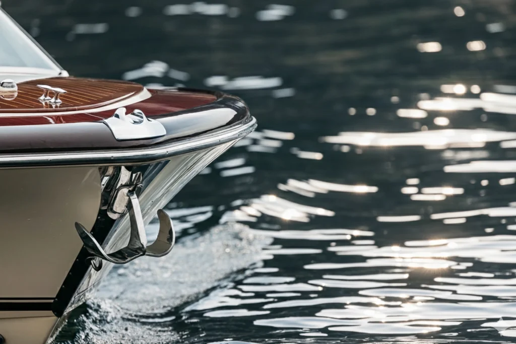 Front view of Il Medeghino taxi boat on Lake Como