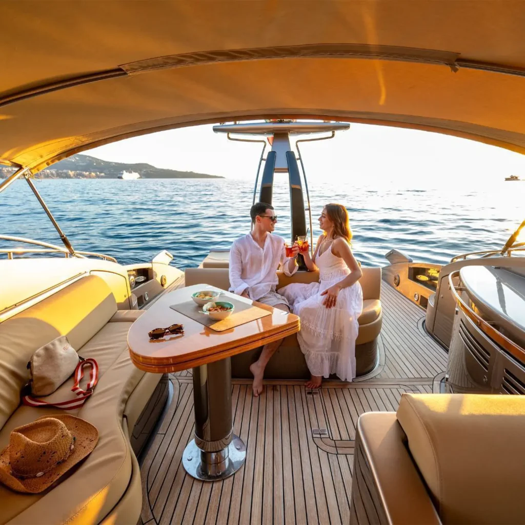 Coppia che si gode un drink a bordo del Riva Rivale 52 sul Lago di Como