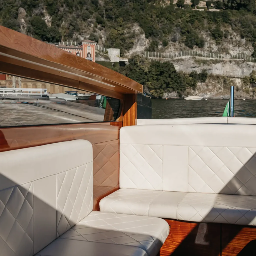 Back seat of Il Medeghino water taxi on Lake Como