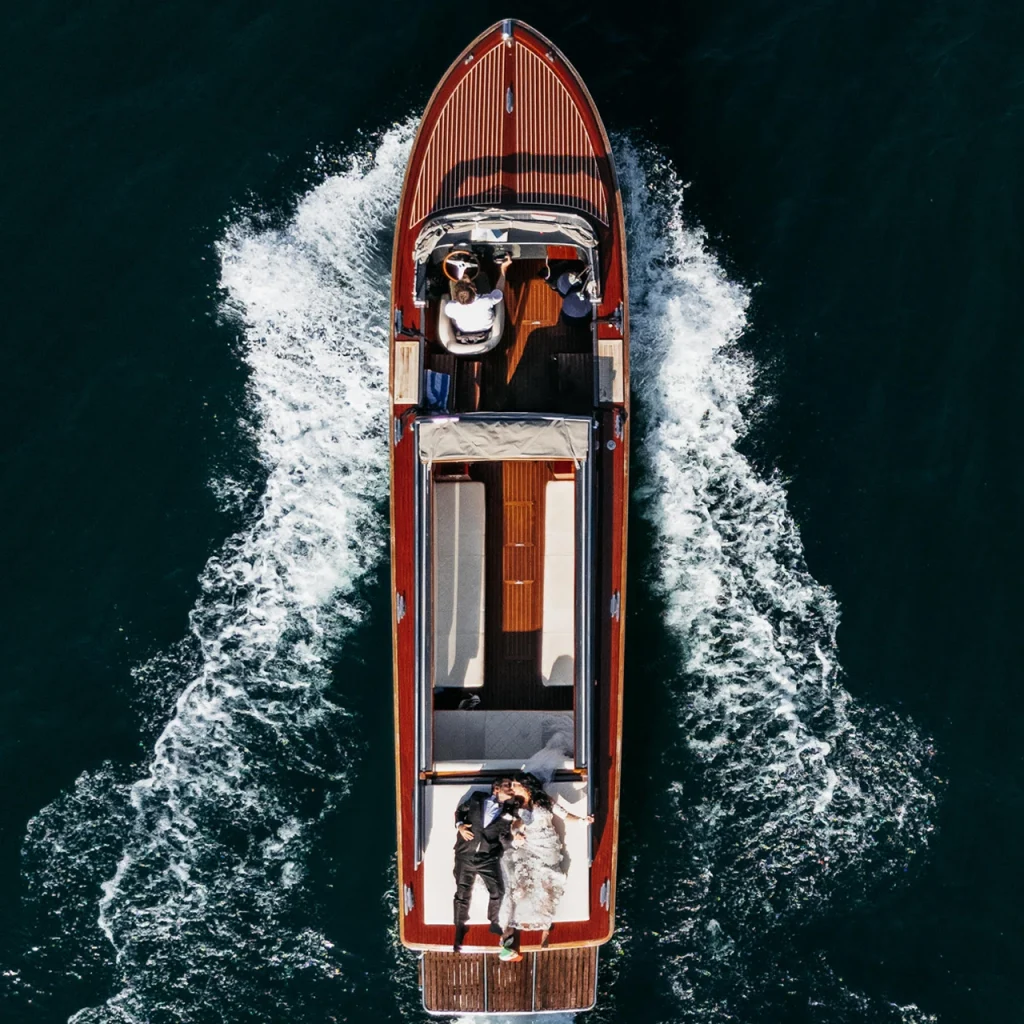 Wooden water taxi on Lake Como seen from above